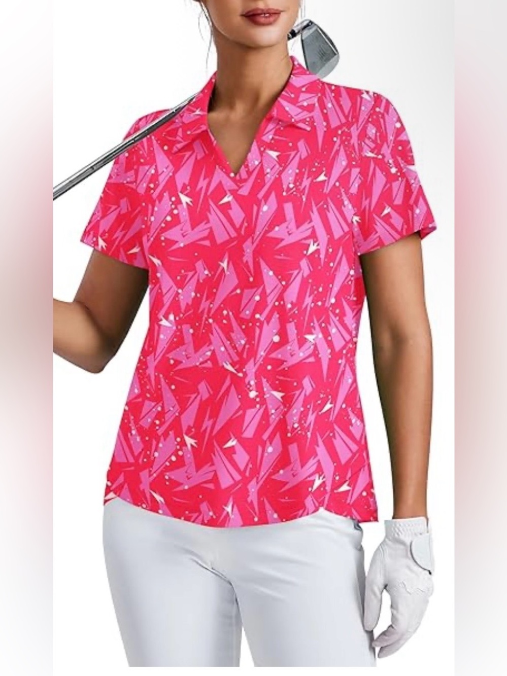 Pinspark UPF 50+ Golf Polo Shirt Pink Abstract Print Short Sleeve Athletic Top L